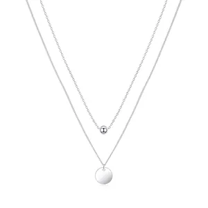 925 Sterling Silver Double Layer Necklace For Women Minimalist Circular Disc And Bead Pendant Geometric Clavicle Chain