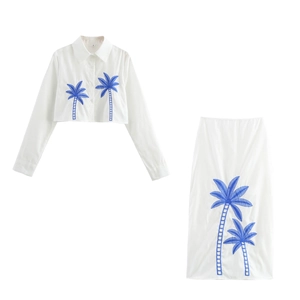 Women Crop Top And Long Skirt Blue Coconut Tree Embroidery Resort Vacation Style Fashion Polyester White