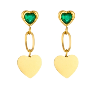 Elegant gold-plated heart drop earrings with green crystal studs on a white background