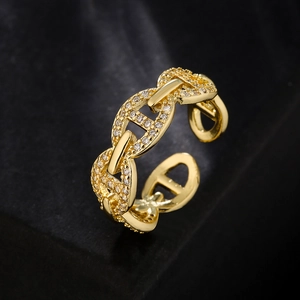 Open Ring Copper 18K Gold Plated Zircon Micro Pave Pig Nose Geometric Anchor Chain Adjustable Jewelry For Women