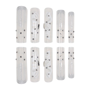 Long coffin press on nails with white butterfly patterns, silver glitter and rhinestones
