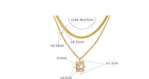 Detailed dimensions of double-layered gold necklace with square zircon pendant