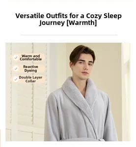 Detail view of double-layer lapel collar and soft thick grey fleece on warm men's bathrobe