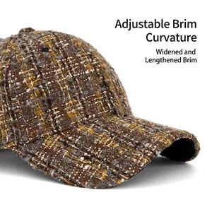 Women tweed baseball hat in brown plaid featuring foldable wide brim and vintage style