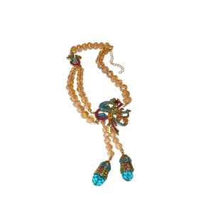 Vintage style double-layer champagne bead necklace with a crystal peacock pendant