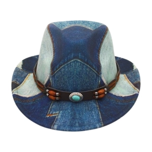 Detail of western fedora hat featuring denim texture, leather band and turquoise stone