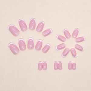 Pink French almond press-on nails with white tips, 24 pieces set in various sizes