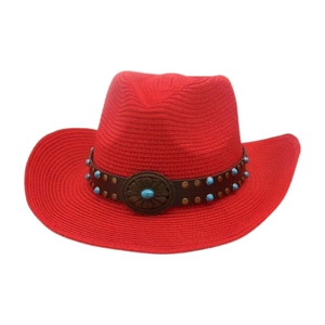 Detail of red cowboy hat with leather band, turquoise beads and metal buckle