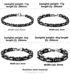 Detail of bicolored titanium steel Byzantine chain bracelets in 4mm to 8mm widths