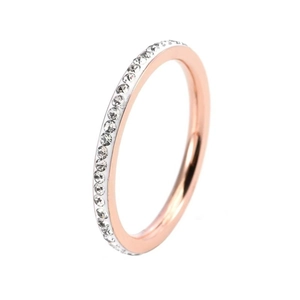 Elegant rose gold titanium steel ring with sparkling channel-set rhinestones for women.