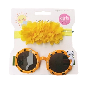 Baby girl accessory set with orange leopard sunglasses and yellow floral headband