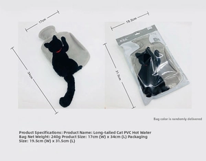 Detail of grey plush long-tail cat water bottle with its protective transparent packaging