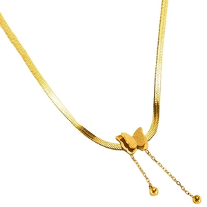 Golden butterfly pendant necklace with matte finish and snake chain on white background