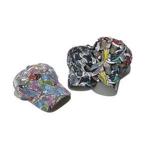 Three trendy graffiti baseball caps with colorful sneaker prints on white background