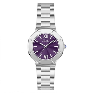Montre minimaliste en acier pour femme avec cadran violet rayons de soleil et lunette octogone