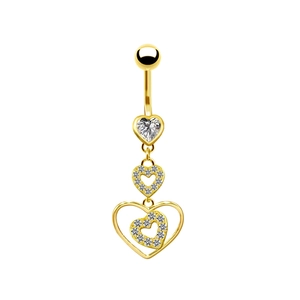 Detail shot of golden heart-shaped belly ring featuring sparkling clear crystal rhinestones