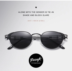 Macro detail of black steampunk metal sunglasses frame showing premium industrial texture