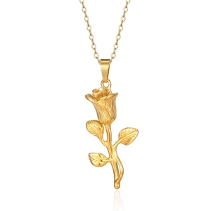 Elegant 18K gold plated stainless steel rose pendant necklace on white background