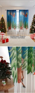 Detail of Christmas curtain featuring Santa, reindeer, and snow scene in blue and white