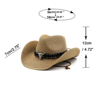 Detailed dimensions of western straw cowboy hat with silver bull skull buckle and ethnic band