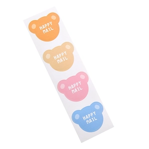 Set of four bear-shaped waterproof round stickers in orange, beige, pink, and blue colors
