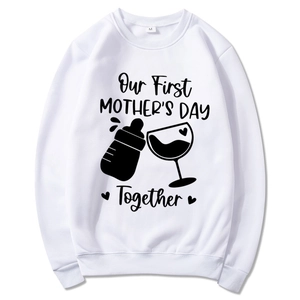 White long sleeve Mama Est 2025 hoodie with Our First Mother's Day Together print
