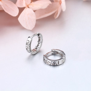 Elegant S925 sterling silver hoop earrings with Greek key motif and hollow design