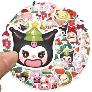 Detail of waterproof PVC Christmas stickers showing cartoon characters and print quality