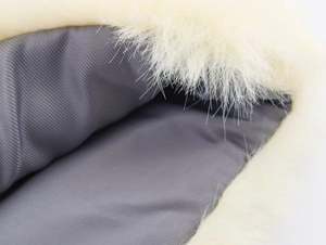 Detail of grey twill lining and soft off-white faux fur trim on the jacket set