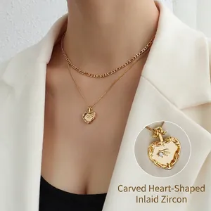 Collier Double Rang Avec Pendentif Coeur En Cuivre Sculpté Rétro Et Chaîne En Acier Titane Sertie De Zircon Pour Femme Or