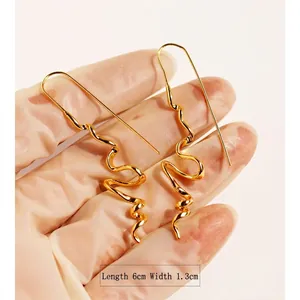 Artistic golden irregular wave drop earrings, 6cm long minimal abstract line ear wire