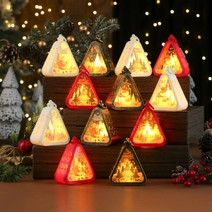 Christmas LED Lantern Portable Retro Night Light PC Glass Warm Lighting Desktop Window Festive Decoration Triangle Vintage Style