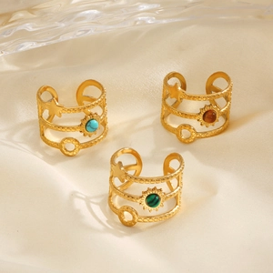 Minimalist stainless steel rings with natural stones and celestial sun star engravings
