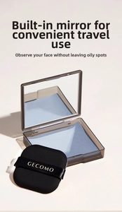 Detailed view of the GECOM portable oil absorbing paper case with mirror and powder puff