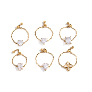 Set of six adjustable gold-tone stainless steel chain rings with sparkling zircon charms