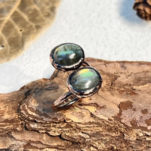 Vintage labradorite natural stone adjustable open ring with antique textured copper band
