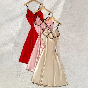 Elegant satin slip dresses in red, pink, and gold with black straps for women's sleepwear