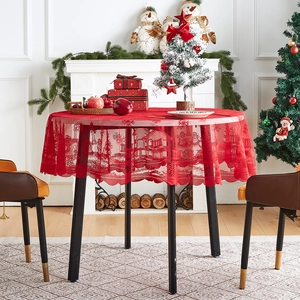 Round red Christmas lace tablecloth with festive snowman and pine tree woven patterns