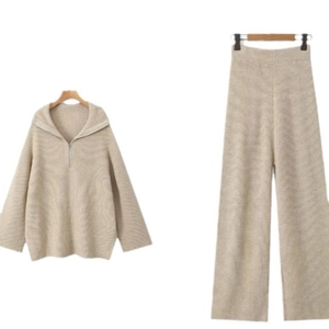 Women's knit two-piece set featuring lapel zip sweater and high-waist wide-leg pants in beige