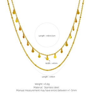 Detailed size specifications for a gold-plated double-layer stainless steel disc necklace