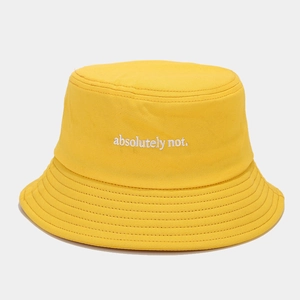 Detail of the high-quality white embroidery text and stitch on the yellow bucket hat