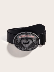 Detail view of Western belt buckle featuring a heart, horse silhouette and COWGIRL UP text