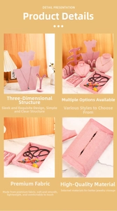 Detailed view of pink velvet jewelry display stands for necklaces and earrings