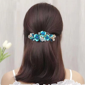 Barrette à cheveux vintage en alliage avec strass bleus et fleurs en émail