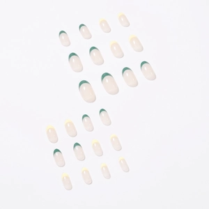 French press-on nails set in olive green and pale yellow with oval almond shape
