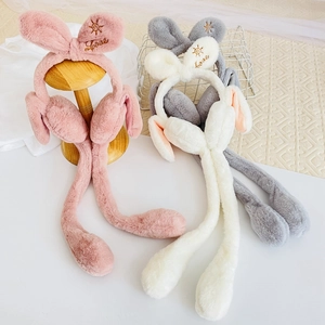 Plush bunny ear muffs with moving air bags and embroidery in pink white and grey