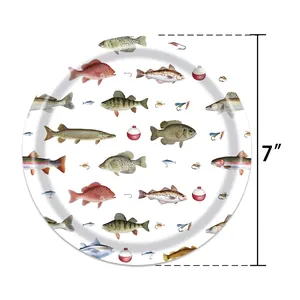 7-inch disposable paper plate with hand-drawn fish and fishing gear patterns for parties