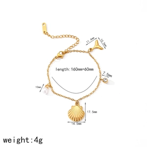 Gold stainless steel shell and fish tail charm bracelet with pearl for beach style jewelry