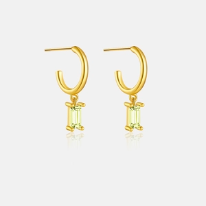 Close-up of S925 silver C-shape earrings featuring a rectangular green zircon drop
