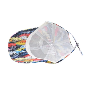 Detail view of the colorful feather print baseball cap with polyester lining and tag